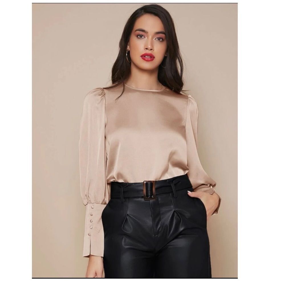 Shein Buttoned Cuff Lantern Sleeve Satin Top. Size Large. NWT